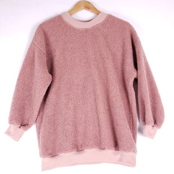 Blush Pink Sherpa Fleece Sweatshirt Womens Oversized Crew Neck Cozy Pullover Top - Picture 1 of 7